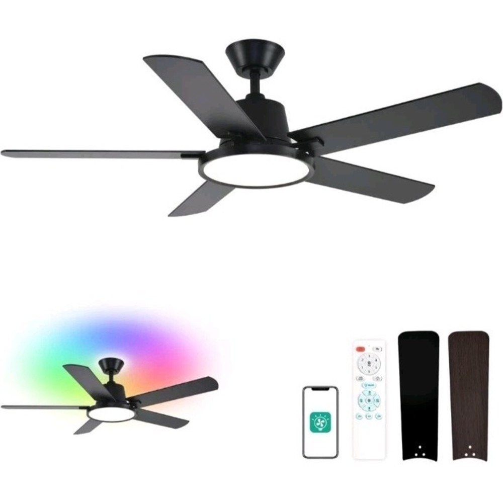 Orison 52" Flush Mount Ceiling Fan with RGB Backlight,Remote & App Control Black